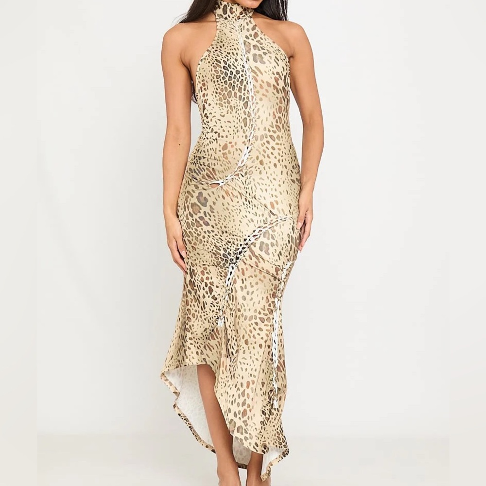 SOLD * Animal print body con turtleneck backless maxi dress